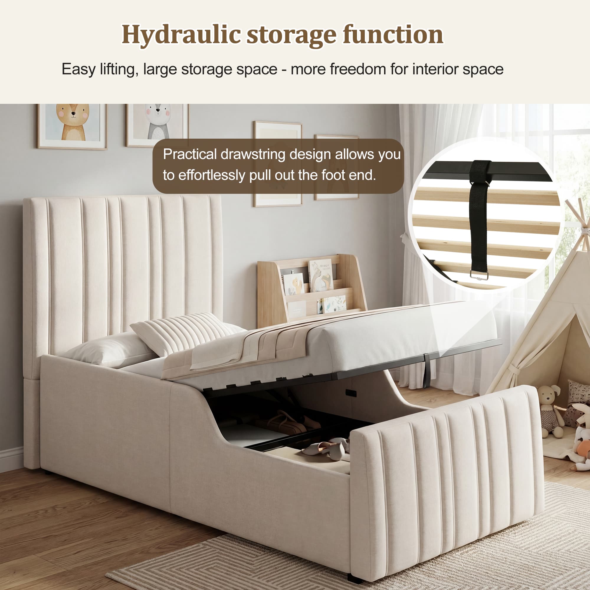 3ft Beige Linen Single Ottoman Bed with Hidden Storage - image 4