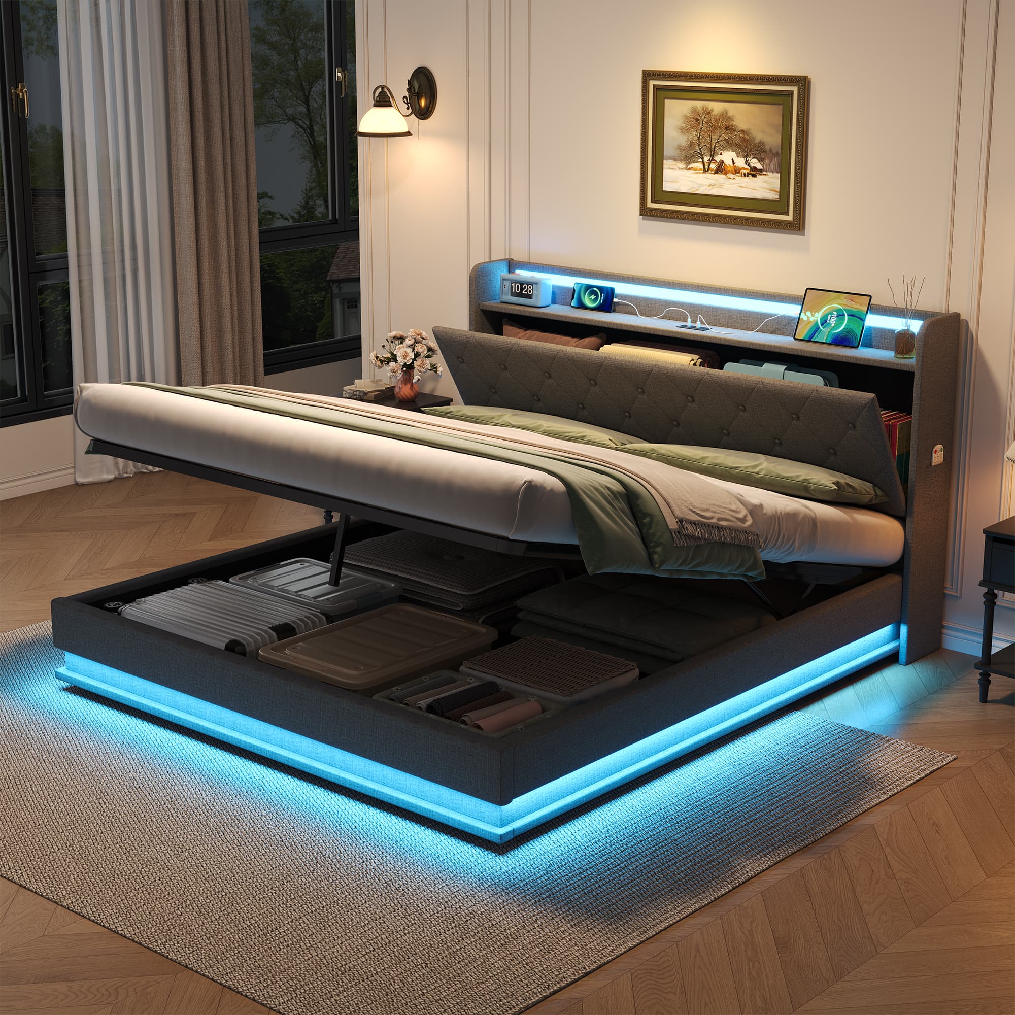 Effortless Storage: Grey Linen Double Ottoman Bed with LED - image 3
