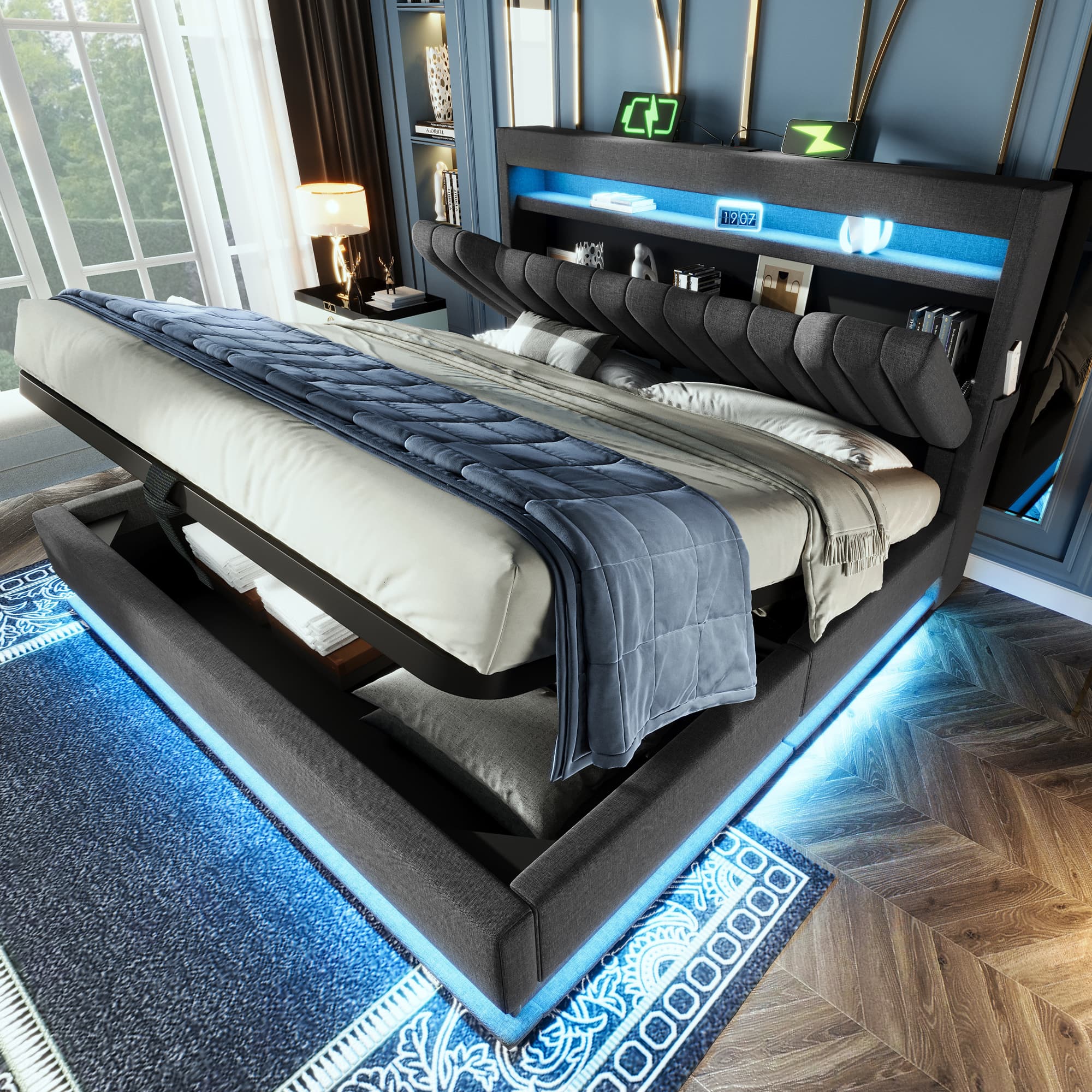 Transform Your Bedroom with Smart LED & Hidden Storage - Grey