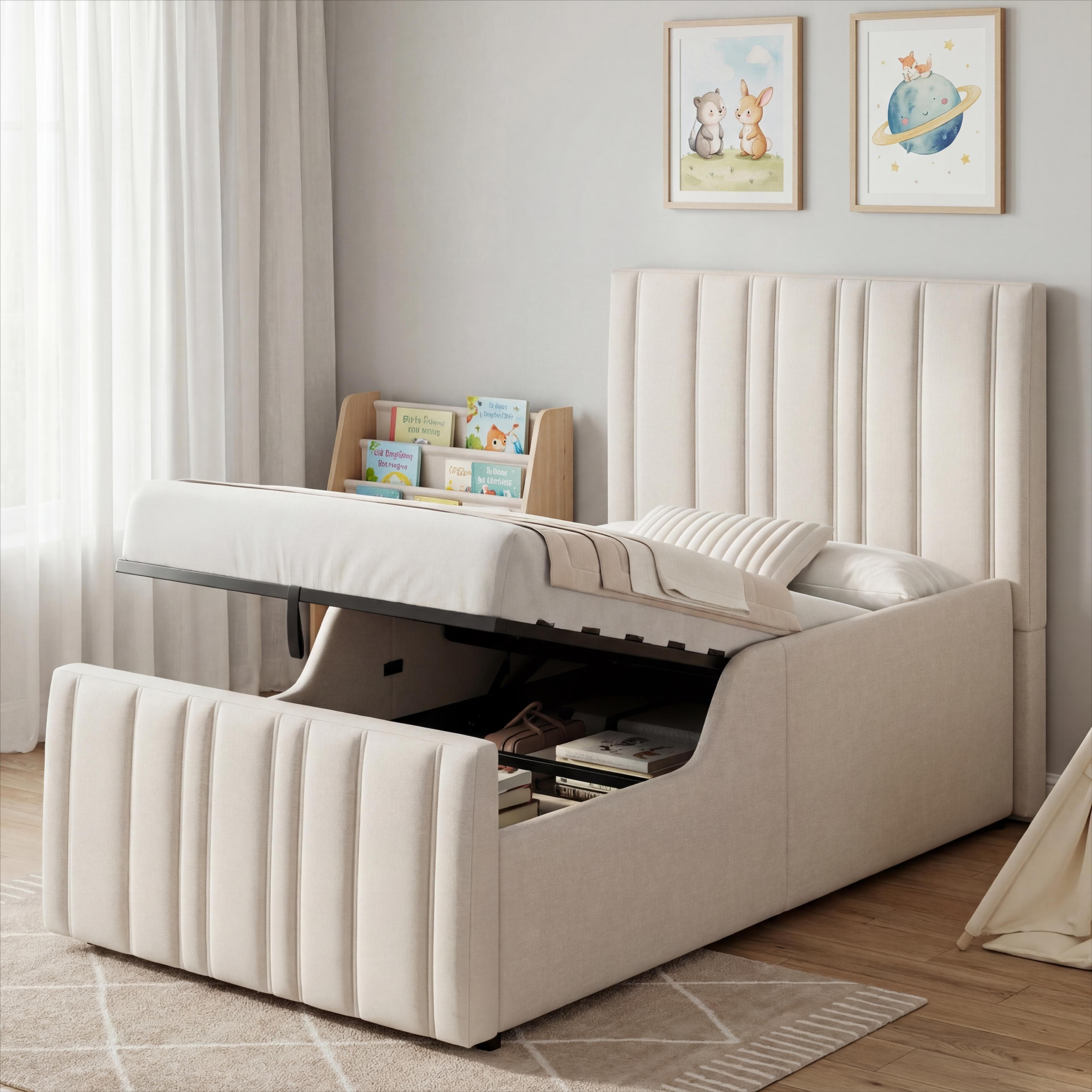 3ft Beige Linen Single Ottoman Bed with Hidden Storage - image 5