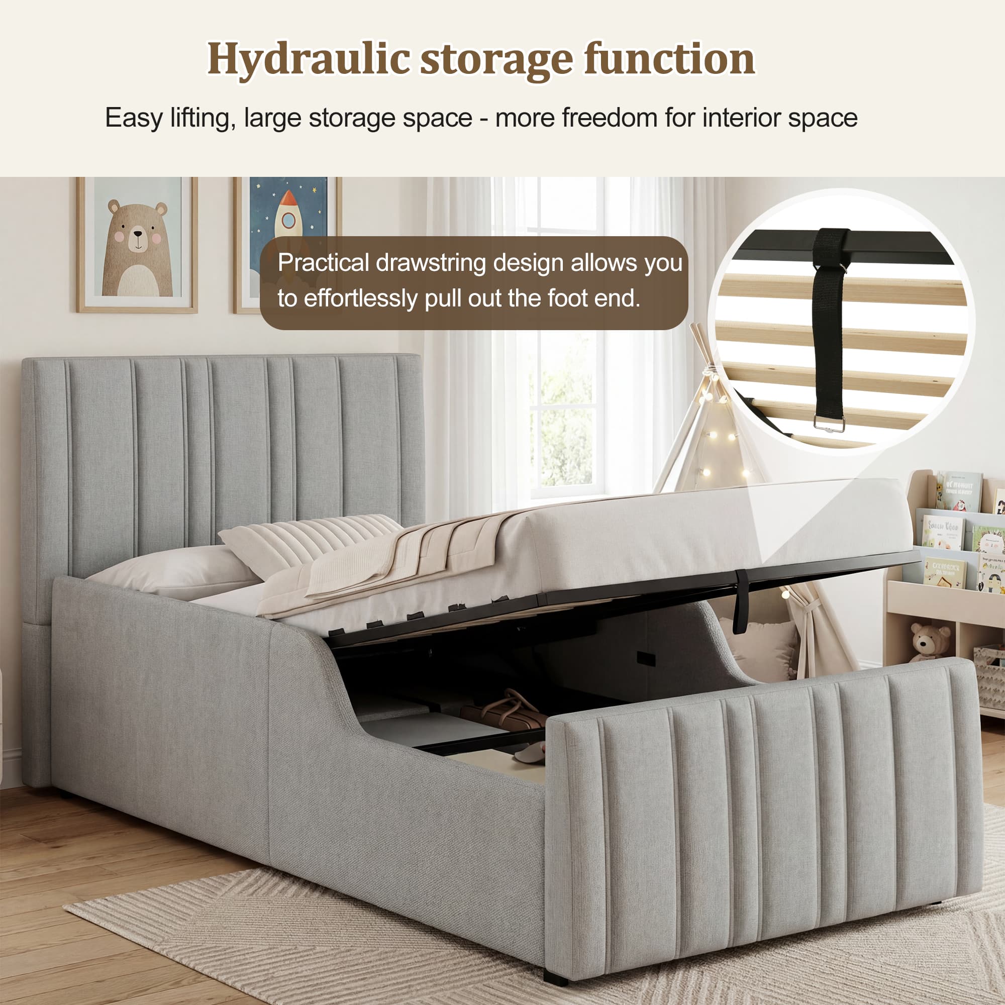 Premium Grey Linen Single Ottoman Bed with Hidden Storage - image 4