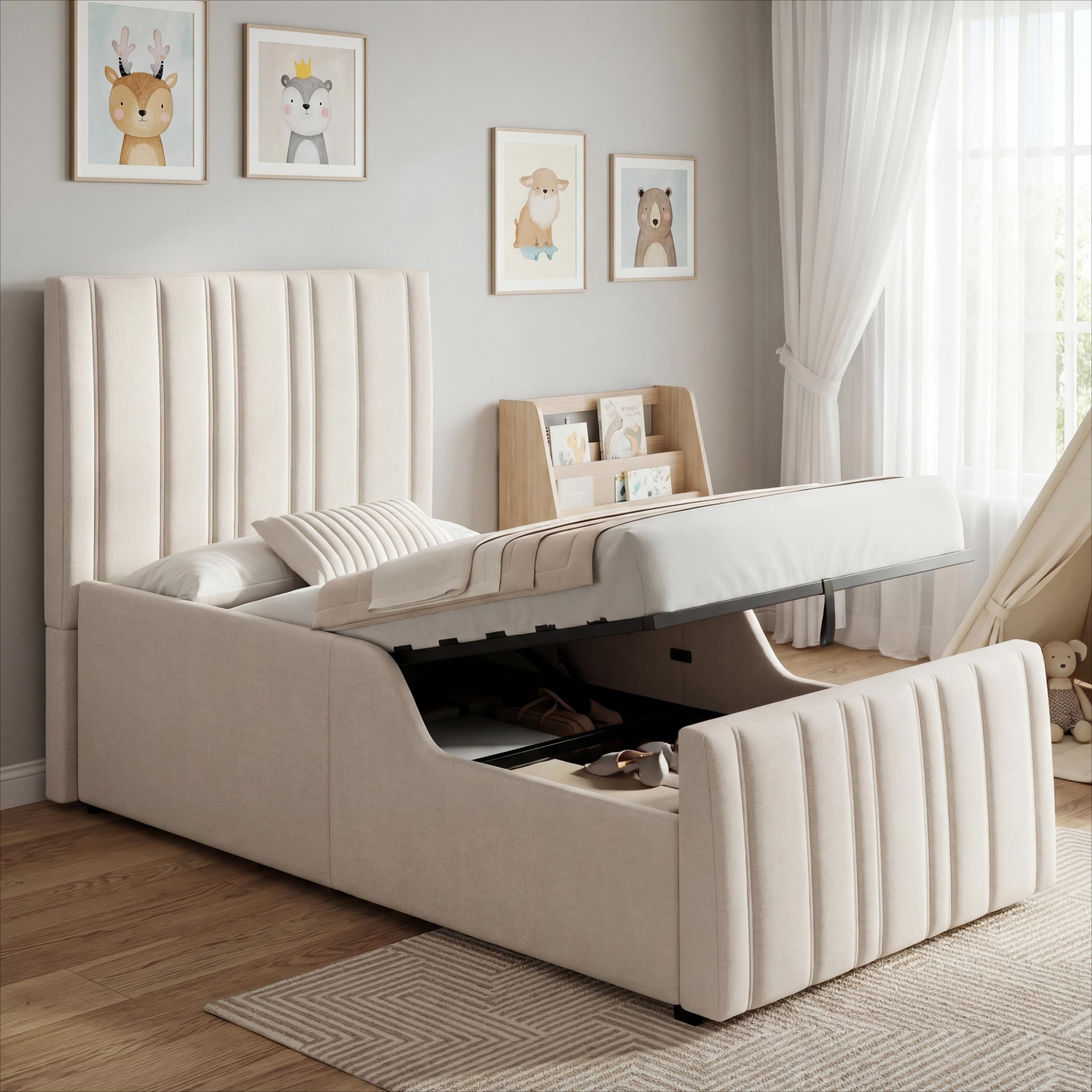 3ft Beige Linen Single Ottoman Bed with Hidden Storage - image 1