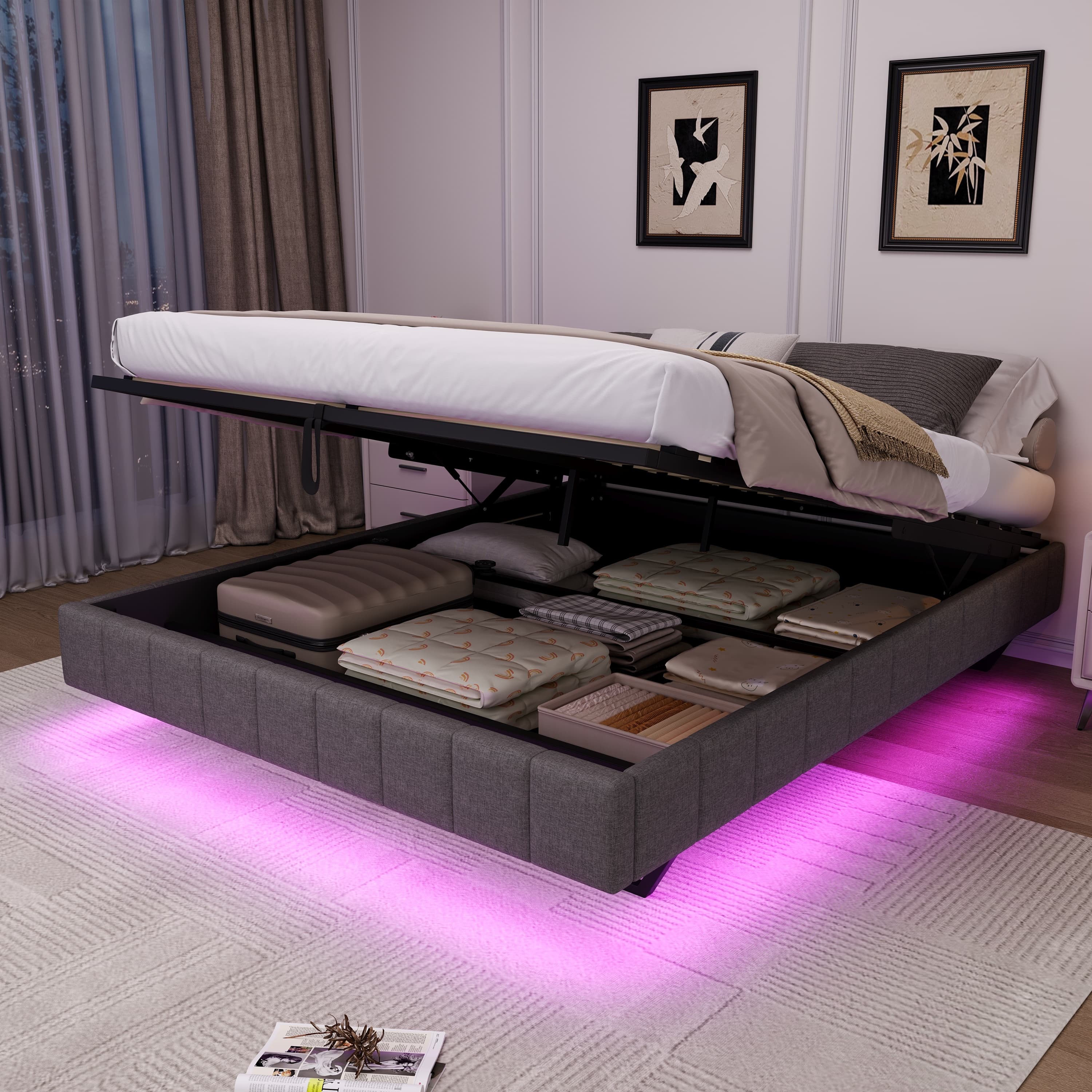 Grey Linen Double Floating Bed with Smart LED Lights - image 1