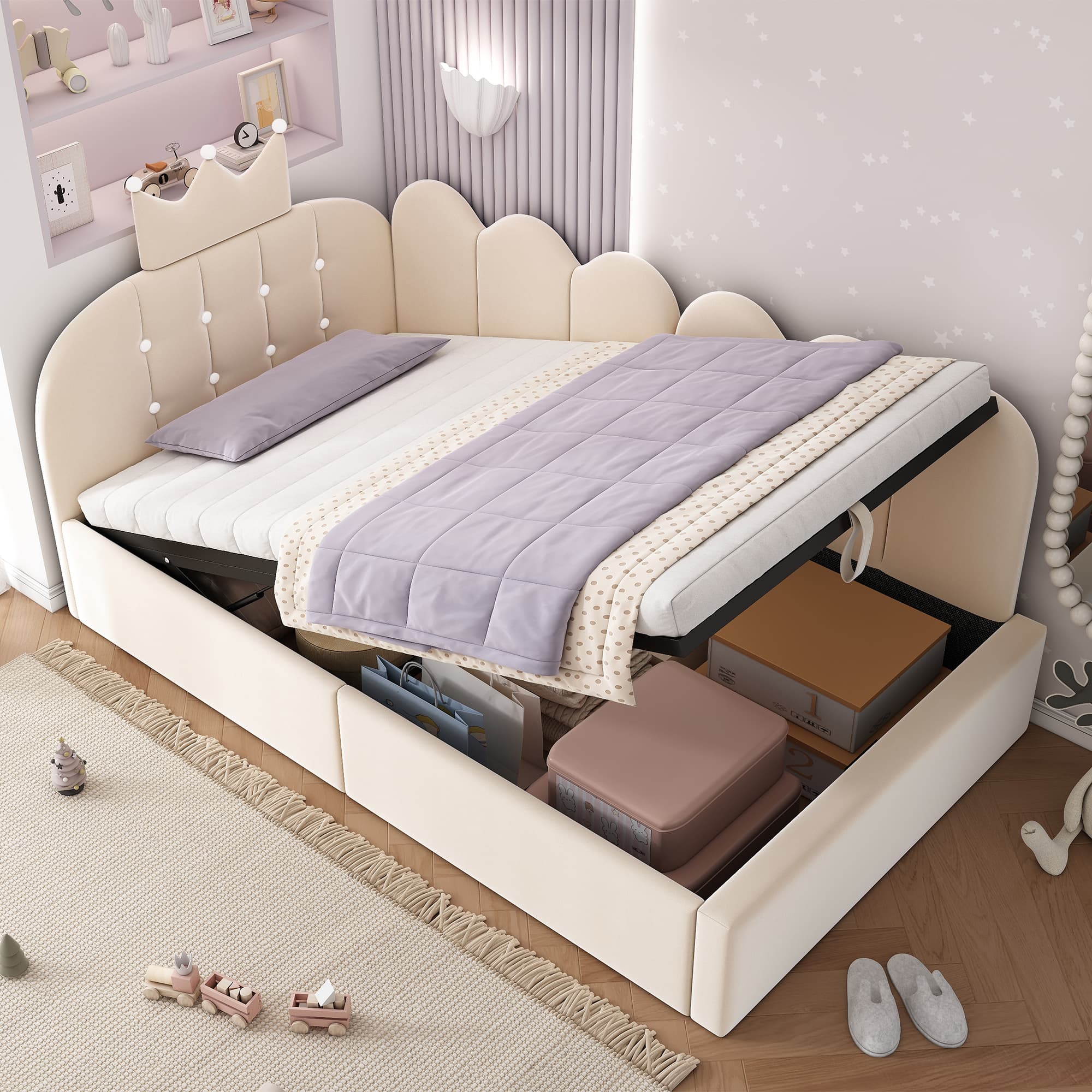 Maximise Space with the Beige Velvet Crown Storage Daybed - Beige