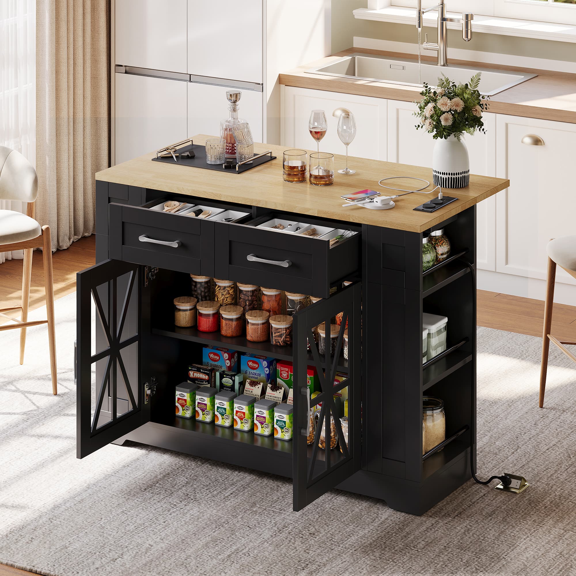 Transform Your Space with this Foldable Kitchen Island - Black  Natural
