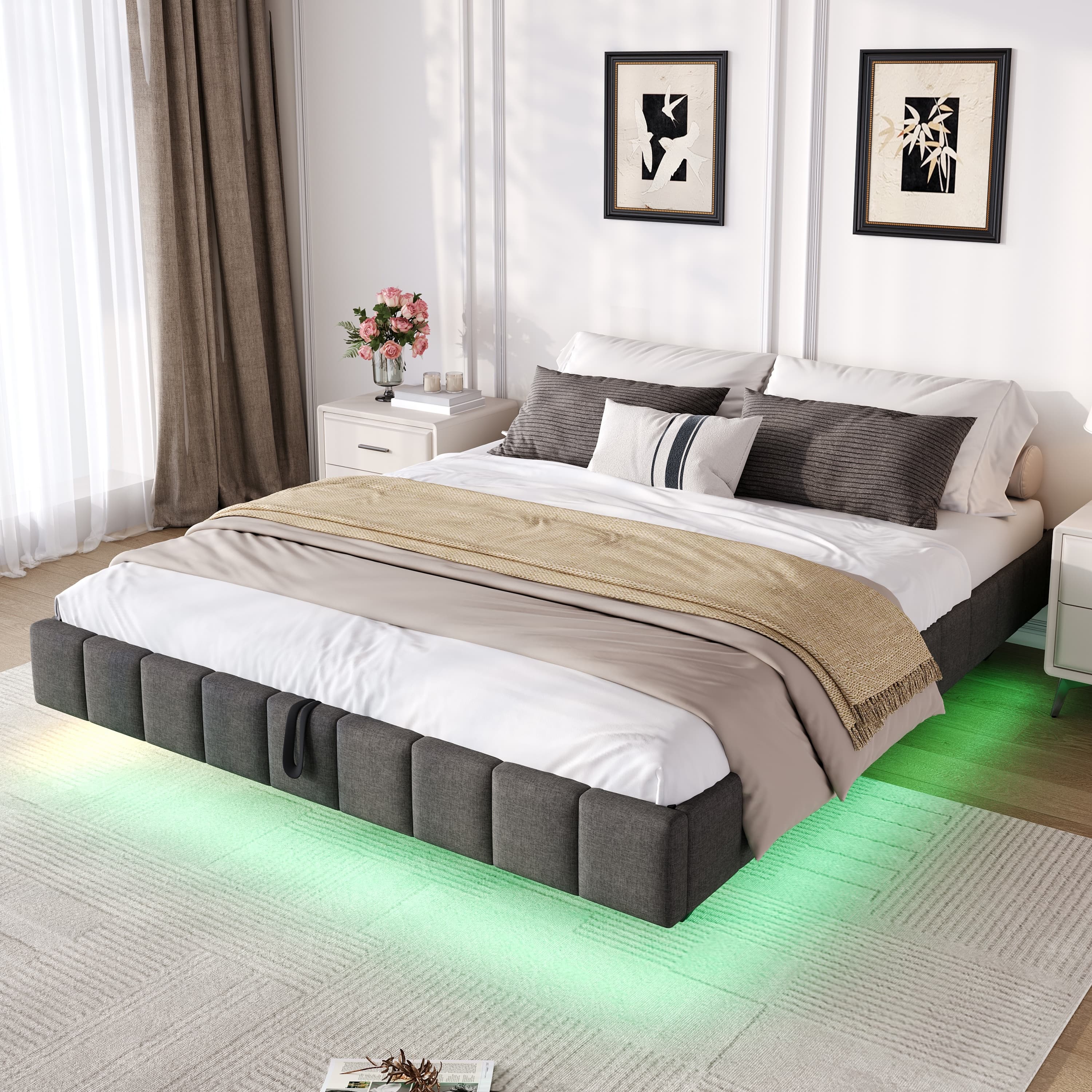 Grey Linen Double Floating Bed with Smart LED Lights - image 2