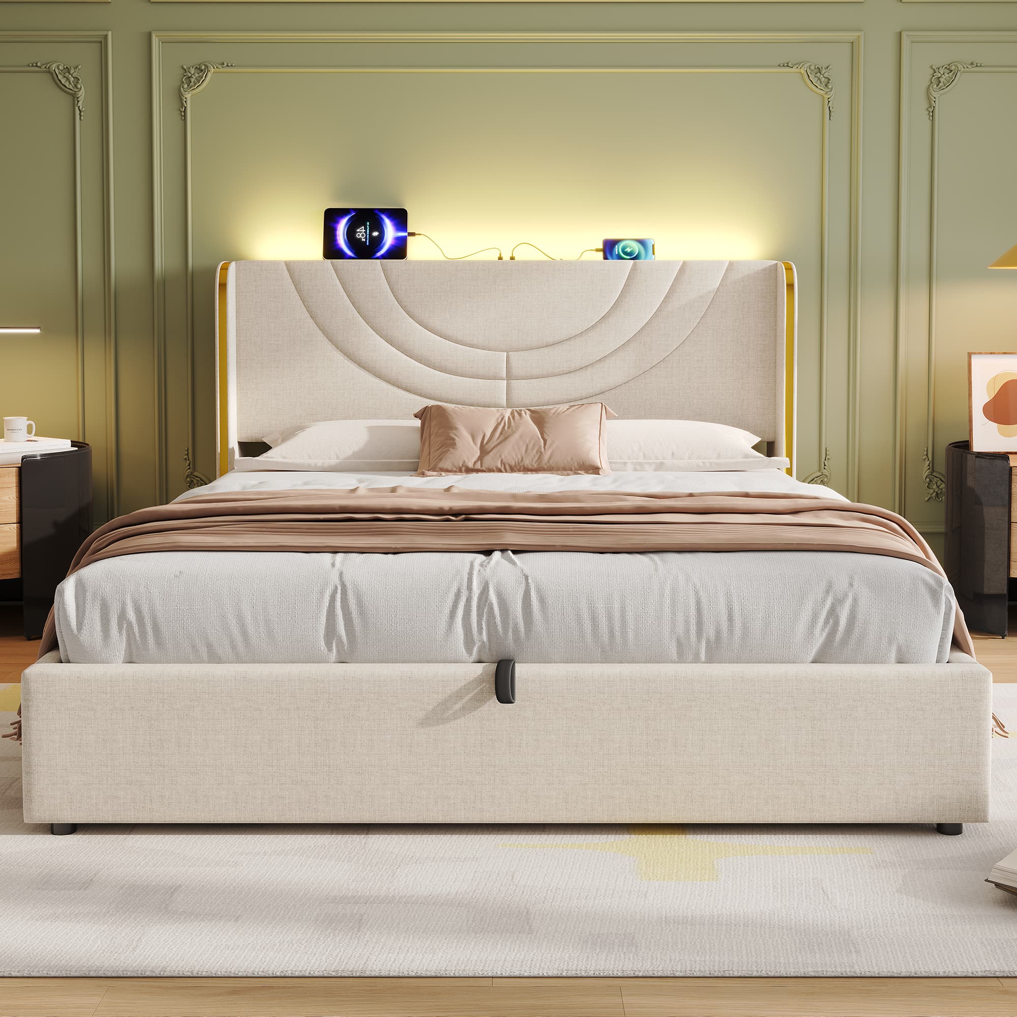 Transform Your Bedroom with this Beige Linen LED Ottoman Bed - image 2