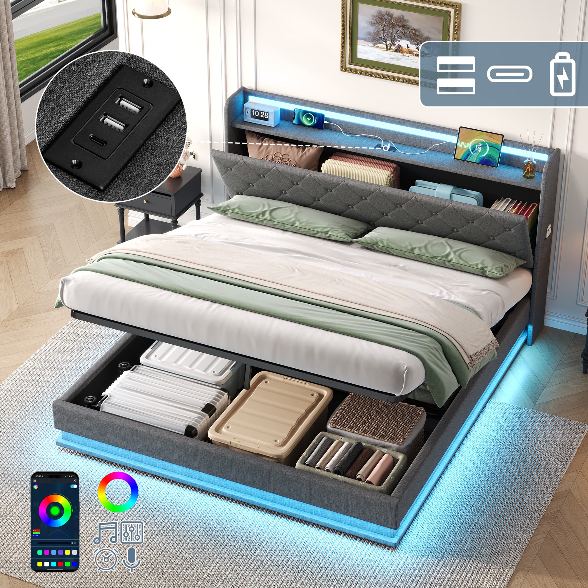 Effortless Storage: Grey Linen Double Ottoman Bed with LED