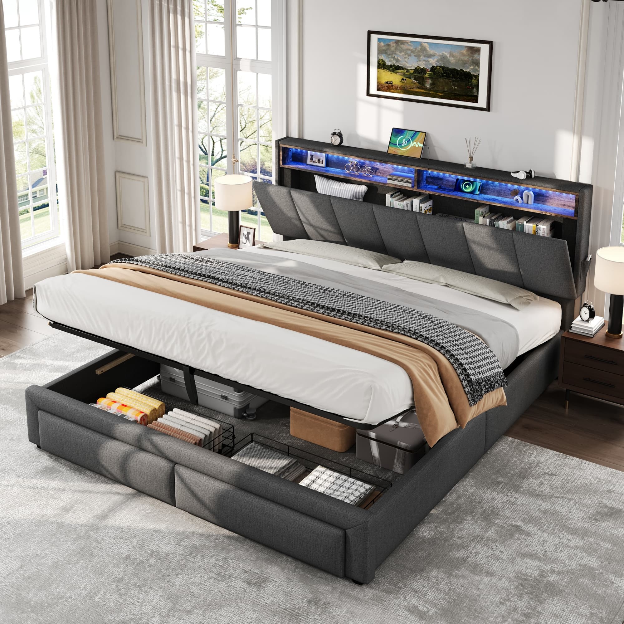 Transform Your Bedroom with this Grey Linen King Ottoman Bed - image 2