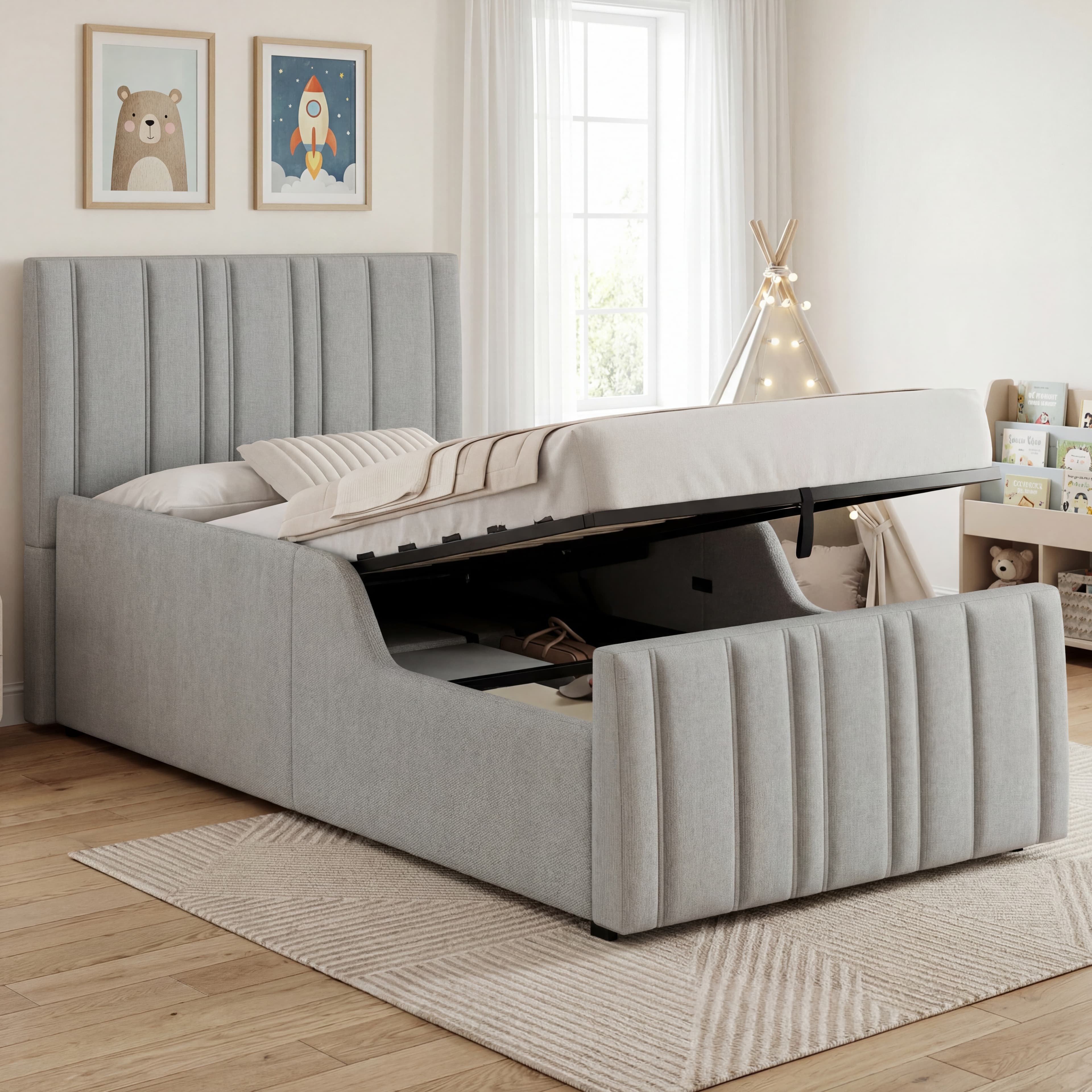 Premium Grey Linen Single Ottoman Bed with Hidden Storage - image 5