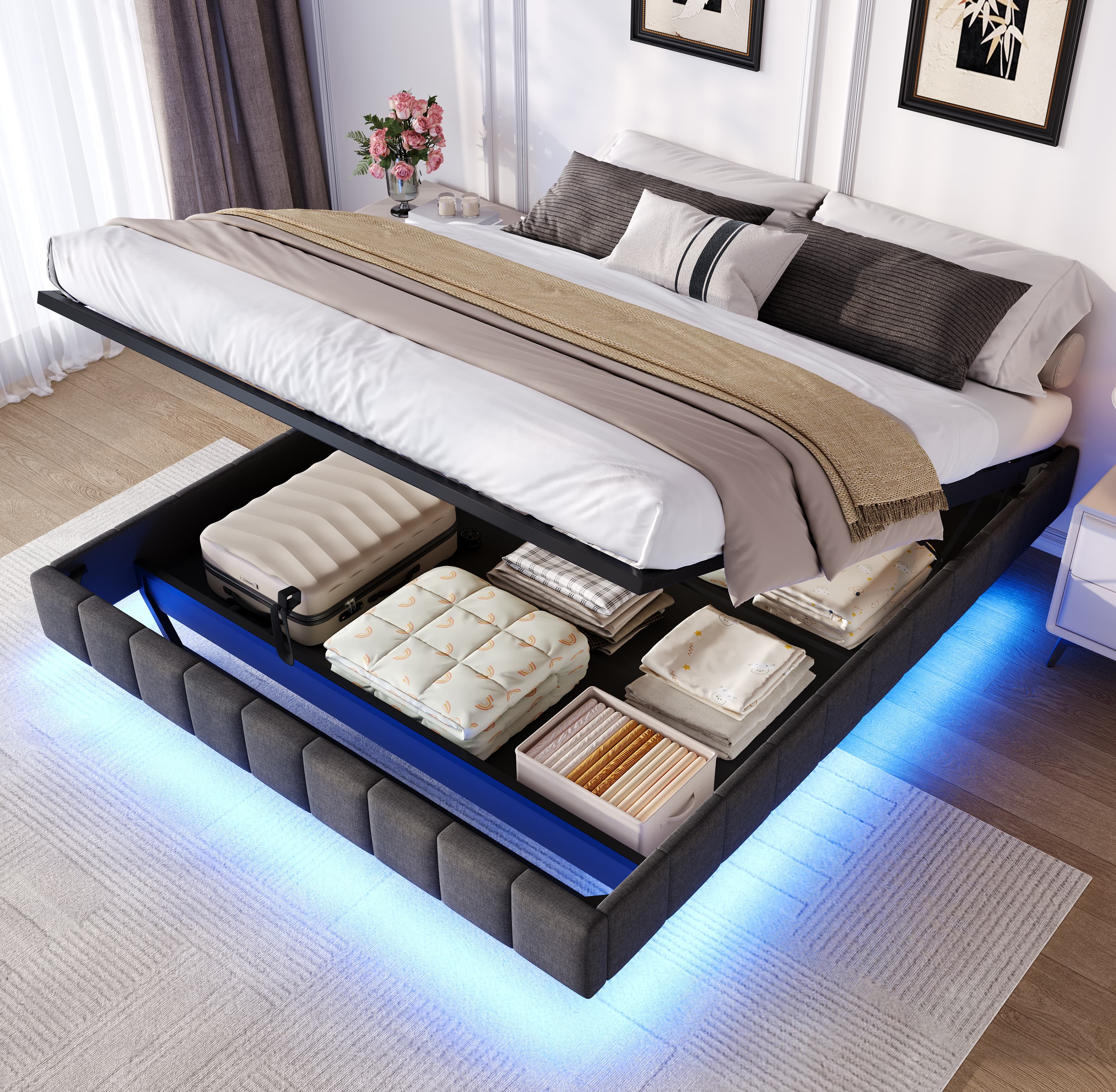 Grey Linen Double Floating Bed with Smart LED Lights - image 4