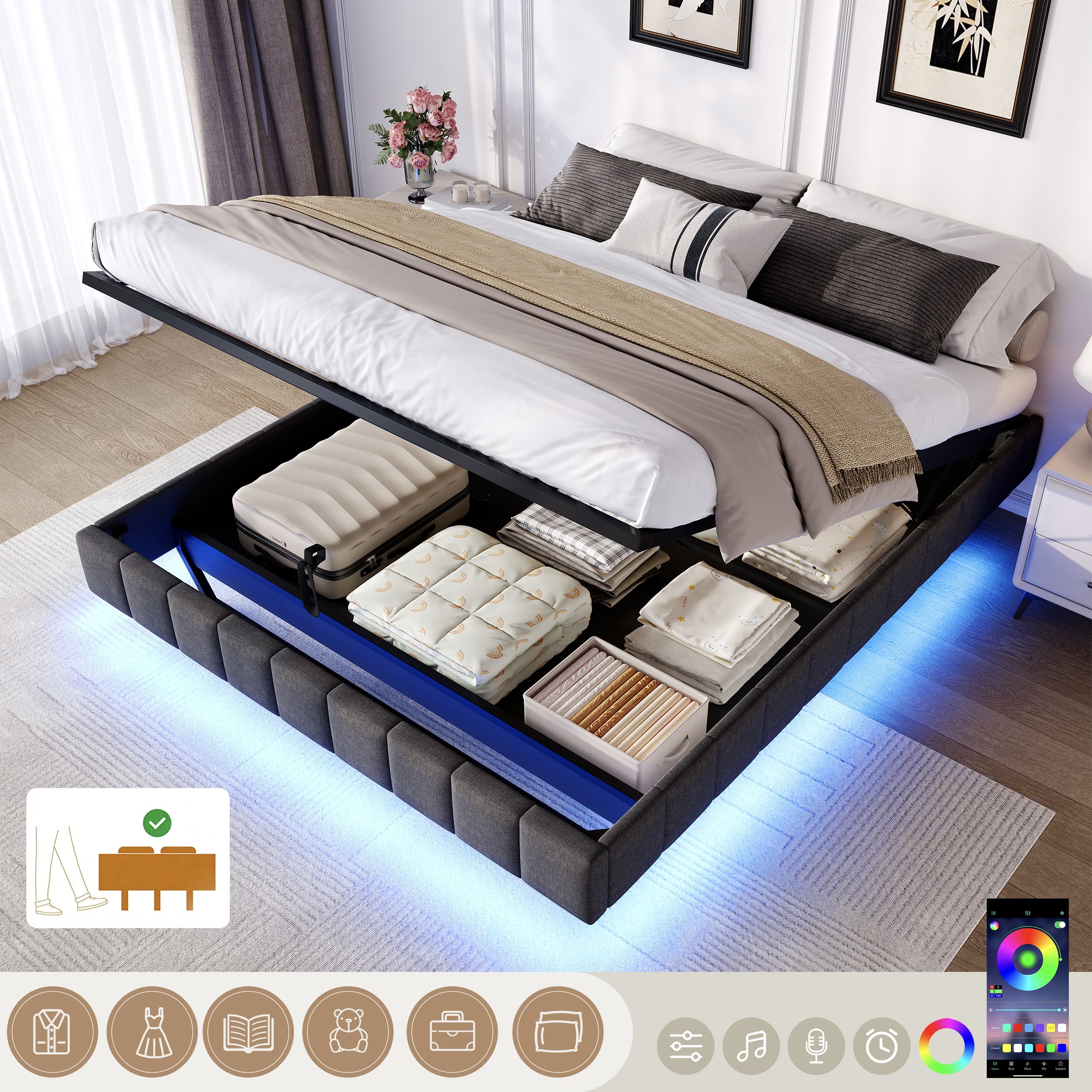 Grey Linen Double Floating Bed with Smart LED Lights - Grey