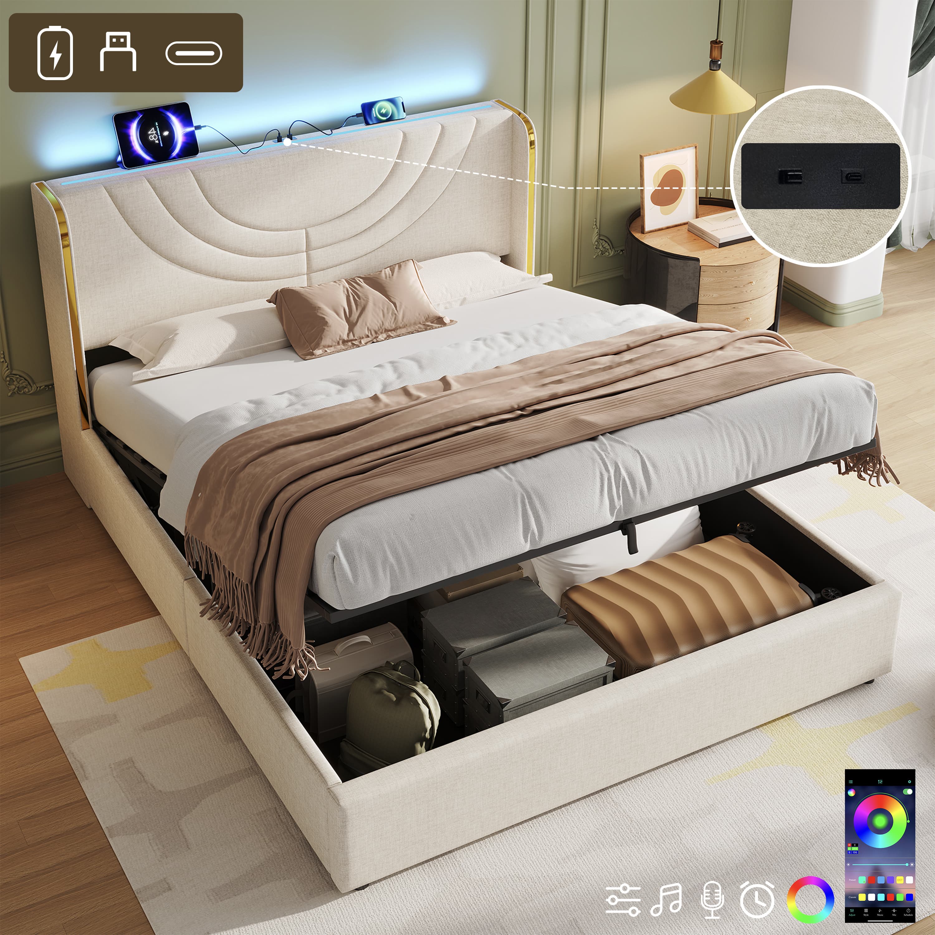 Transform Your Bedroom with this Beige Linen LED Ottoman Bed - Beige
