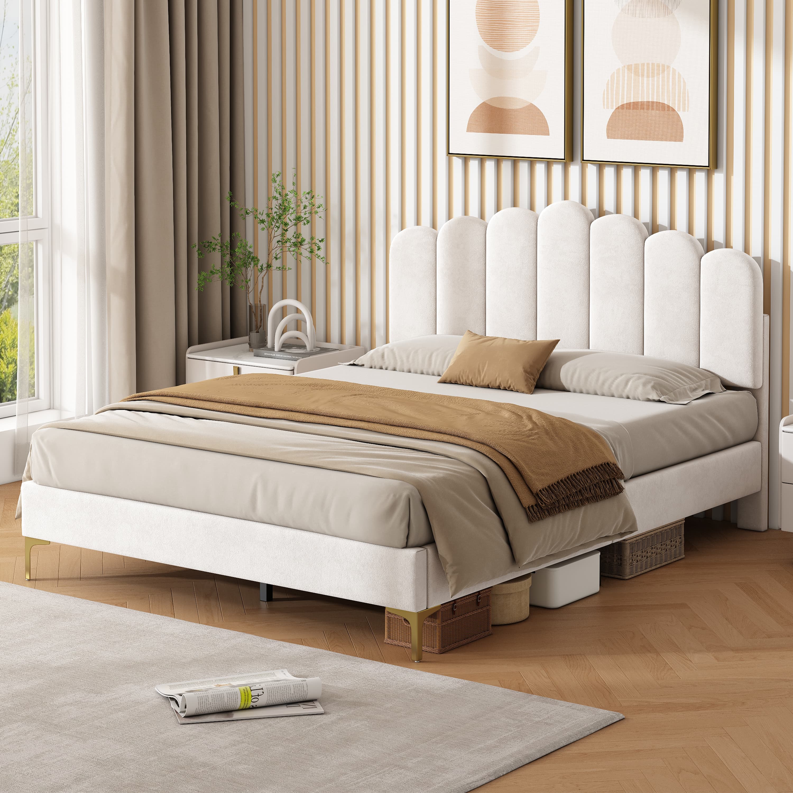 Transform Your Bedroom with this Scalloped Velvet Double Bed - Beige