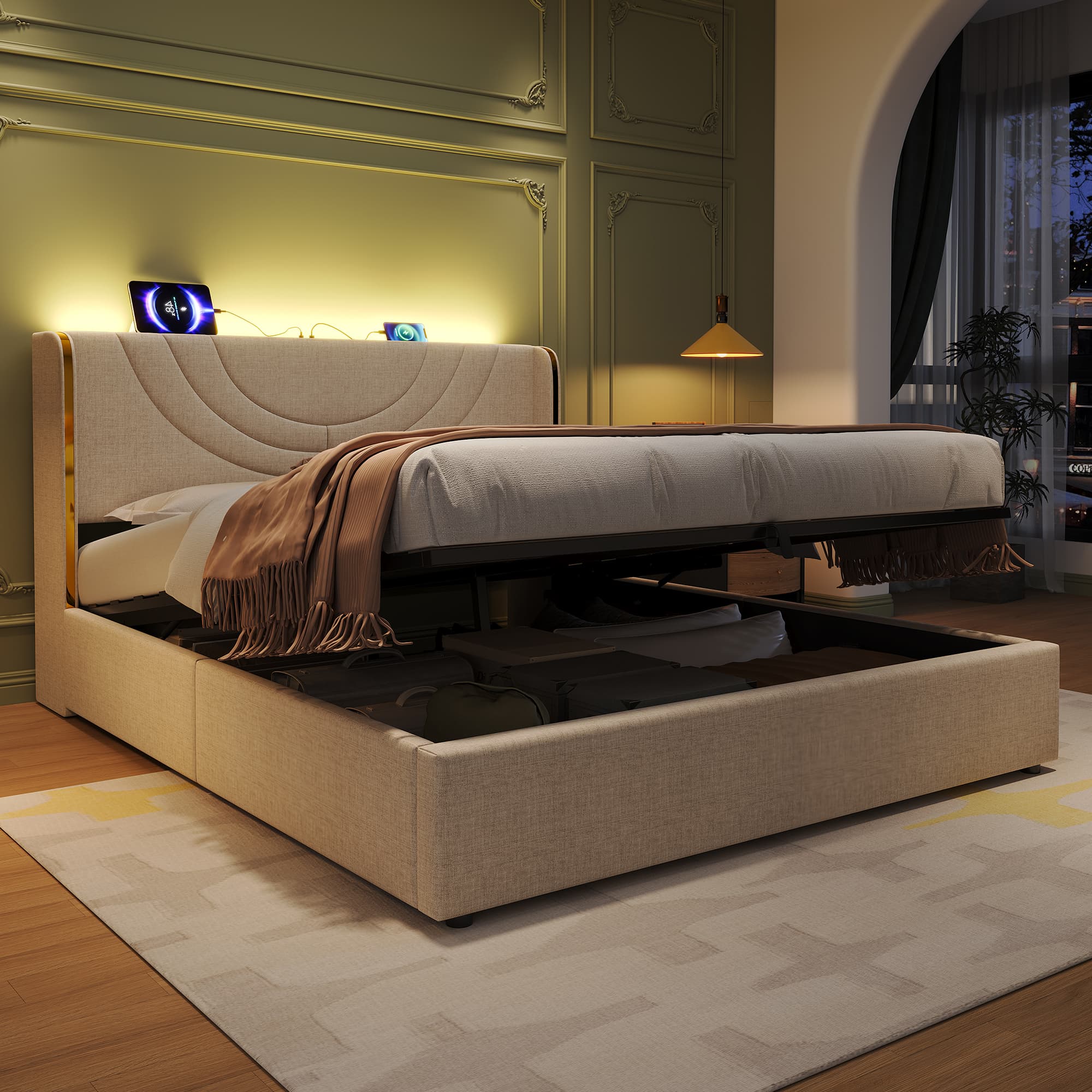 Transform Your Bedroom with this Beige Linen LED Ottoman Bed - image 4