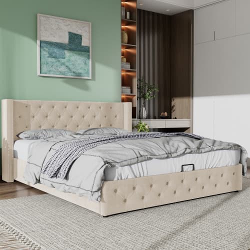 Upholstered King Size Ottoman Bed in Beige Velvet - image 3
