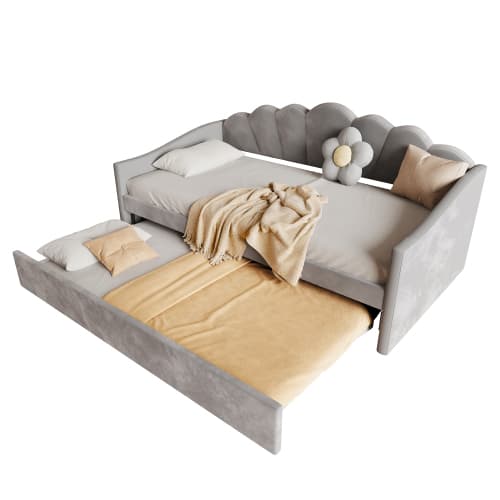 Upholstered 3ft Single Day Bed with Pull-Out Trundle in Grey Velvet - image 11