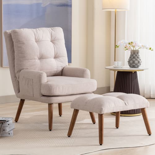 Relaxing Lounge Chair with Footstool and Side Pockets in Beige - image 8