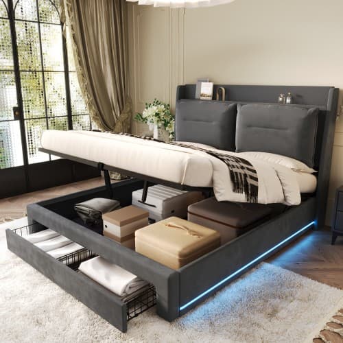 Velvet Upholstered Double Ottoman Bed with Smart Storage & LED - image 16