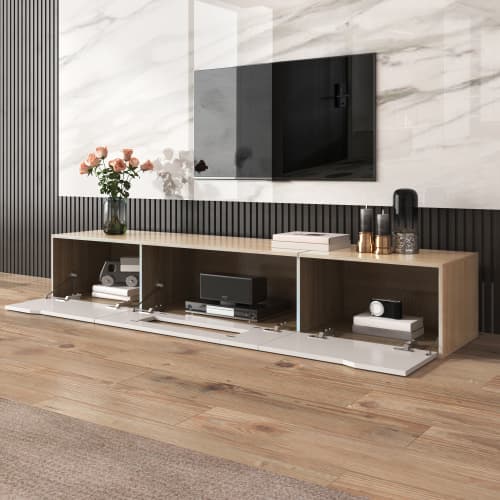 Modern TV Stand with LED Lighting, 180cm, High Gloss White & Wood Effect - image 4