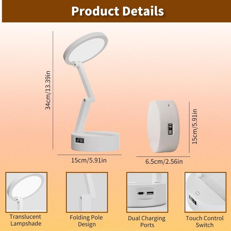 Rechargeable Foldable Desk Lamp with Built-In LED Clock - image 4