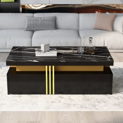 Modern White Coffee Table with Marble Effect Top and 2 Drawers - Black