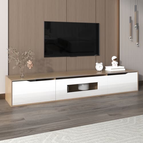 Modern TV Stand with LED Lighting, 180cm, High Gloss White & Wood Effect - image 1