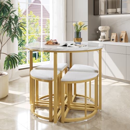 Modern Round Dining Set with Marble Effect Top & 4 Stools - image 13