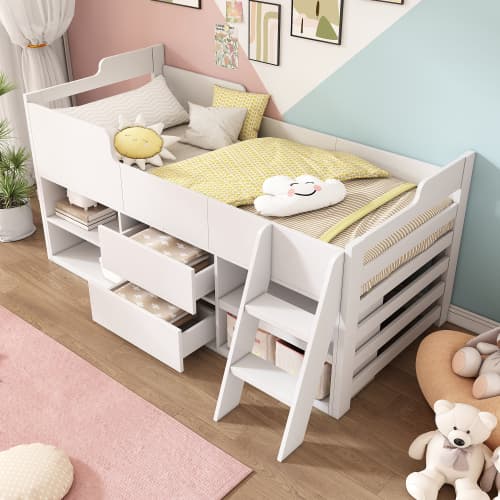 Children's White Mid Sleeper Bed with Drawers & Shelves - image 21