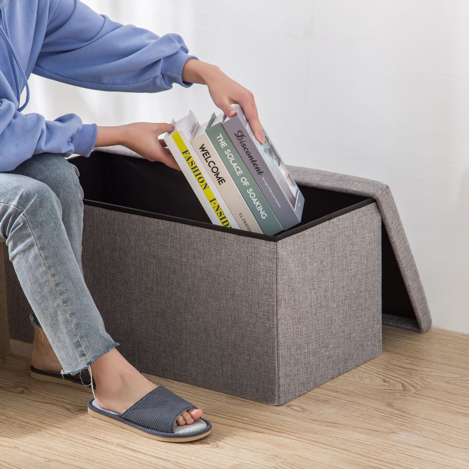 Foldable Grey Storage Ottoman and Bench — 76 cm Wide - image 8