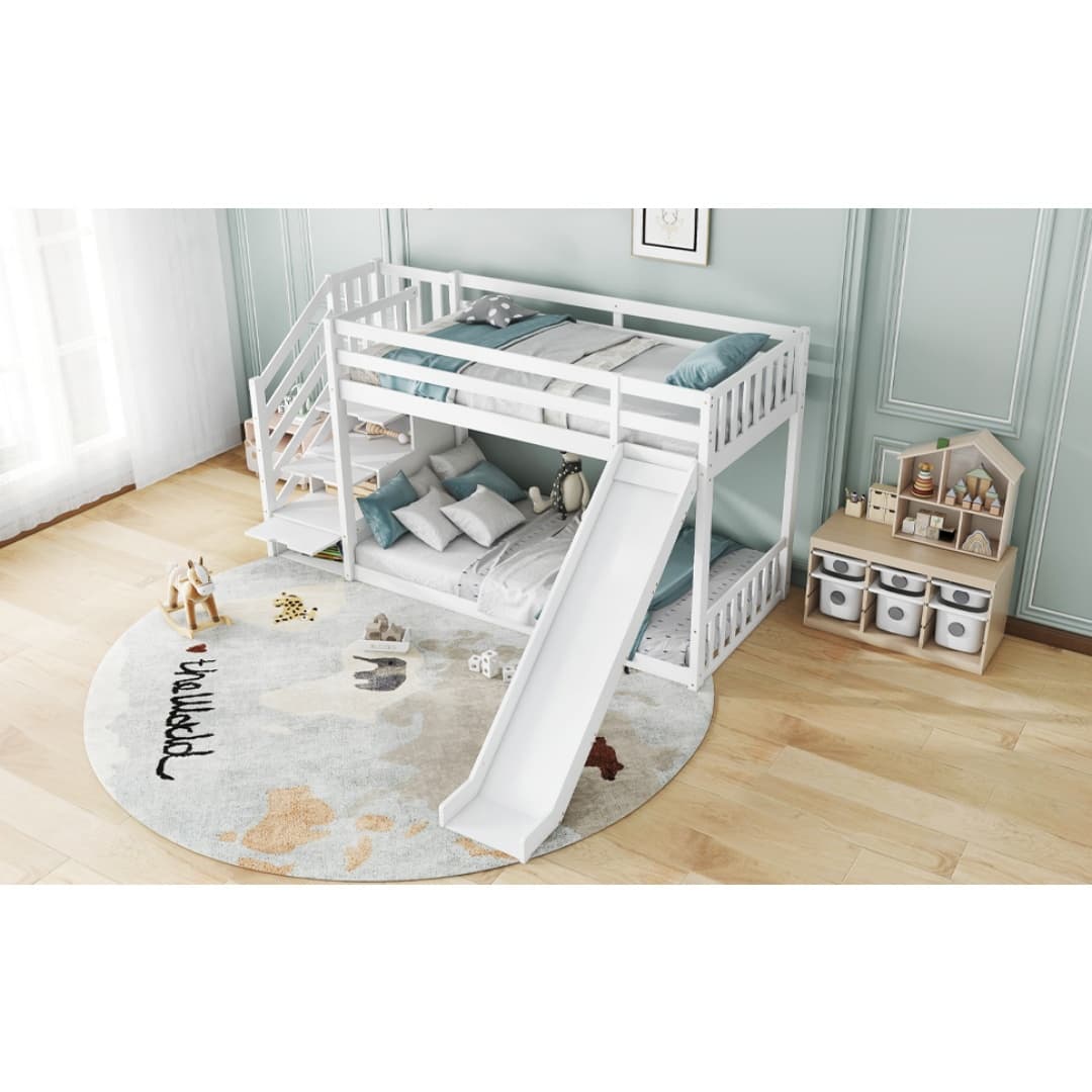 Solid Pine Bunk Bed with Slide and Storage Staircase, White Finish - image 26