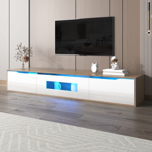 Modern TV Stand with LED Lighting, 180cm, High Gloss White & Wood Effect - White