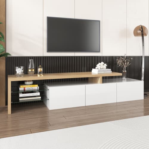Contemporary TV Stand with LED Lighting, High Gloss White & Wood Effect - image 4