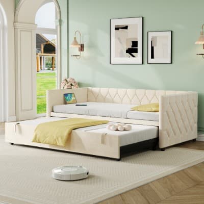 Button-Tufted Day Bed with Pull-Out Trundle and Charging Station - image 10
