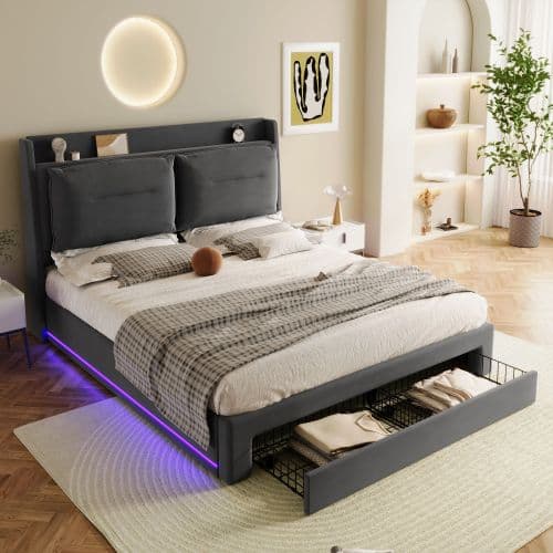Velvet Upholstered Double Ottoman Bed with Smart Storage & LED - Dark Gray