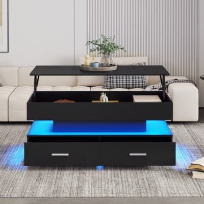 Modern Black Lift Top Coffee Table with LED Lighting & 2 Drawers - image 2