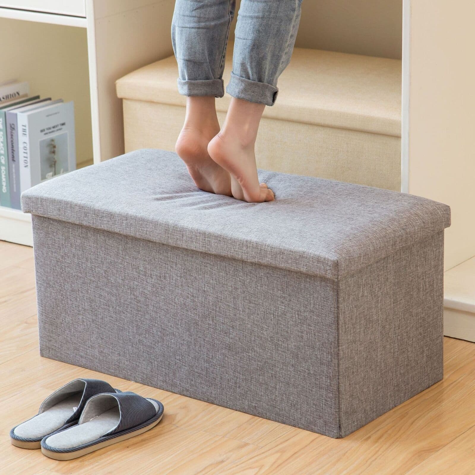 Foldable Grey Storage Ottoman and Bench — 76 cm Wide - image 9