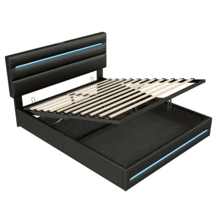 Smart King Size Ottoman Bed with LEDs, USB & Hydraulic Storage - Black