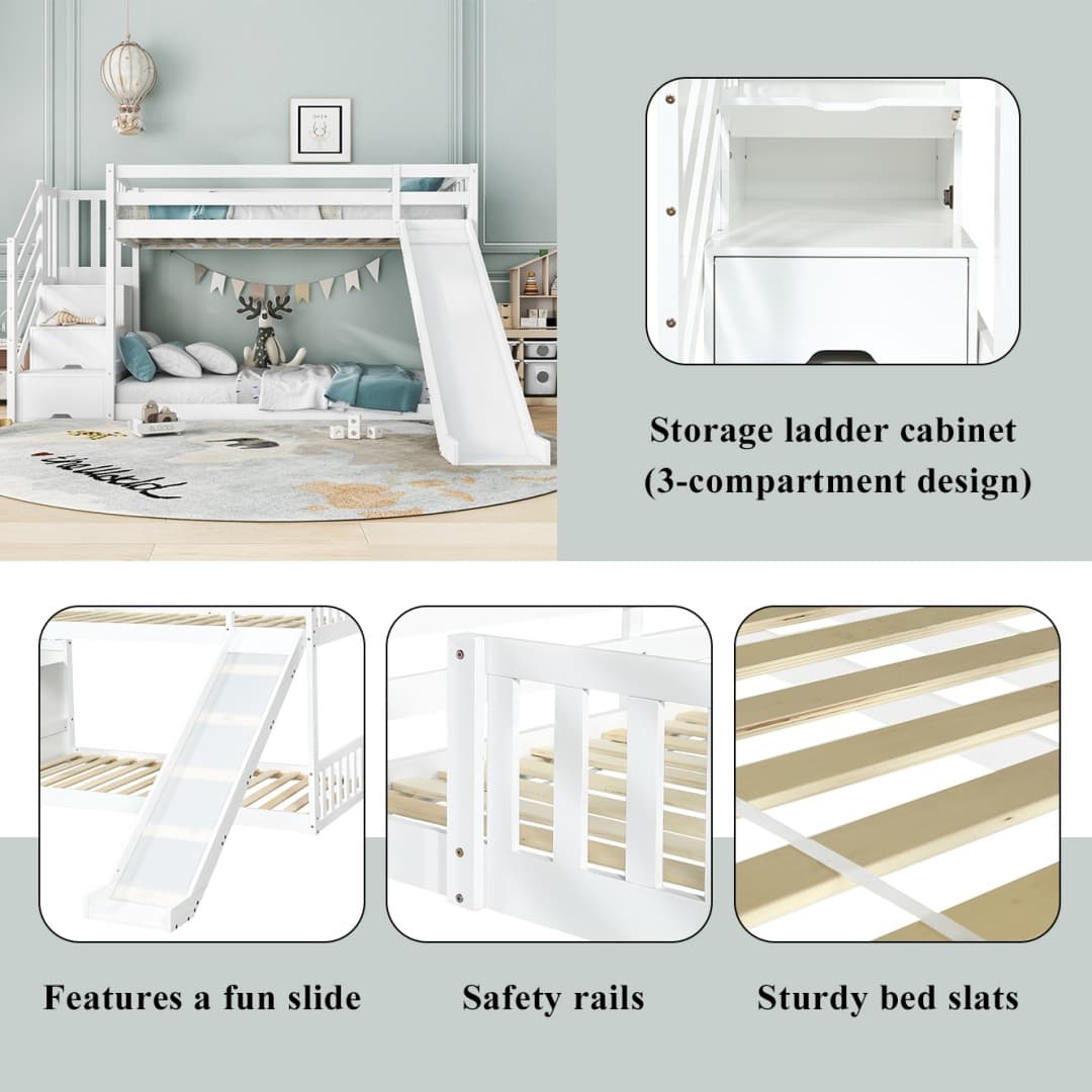 Solid Pine Bunk Bed with Slide and Storage Staircase, White Finish - image 8