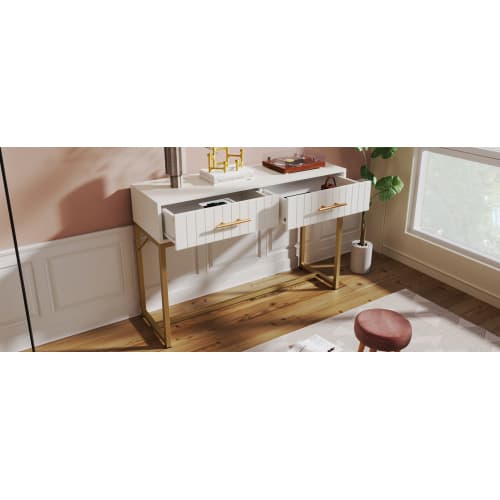 White Dressing Table with Ribbed Front & Gold Details - image 10