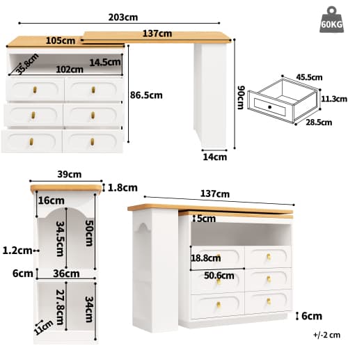 Rotating & Extending Bar Table with 6 Drawers, White - image 14