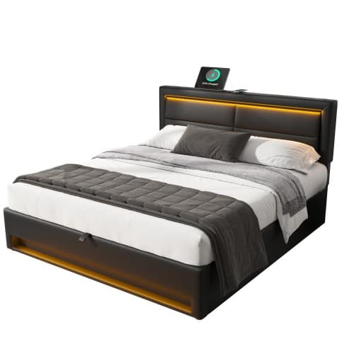 Upholstered Double Bed (4ft6) with LED Lights, USB Charging & Ottoman Storage - image 3