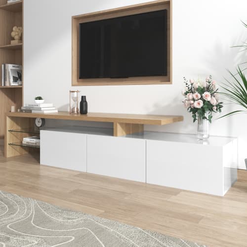 Contemporary TV Stand with LED Lighting, High Gloss White & Wood Effect - image 12