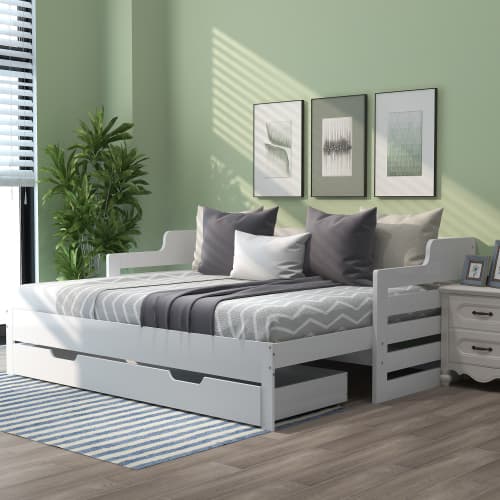 White Solid Wood Day Bed with Pull-Out Trundle and Storage Drawer - White