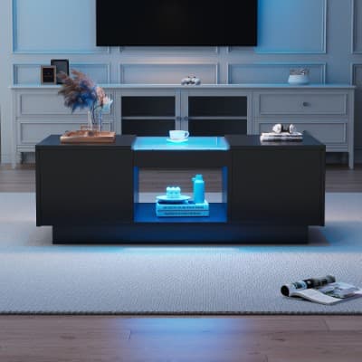 Modern Coffee Table with LED Lighting, 2 Drawers and Glass Top - image 2