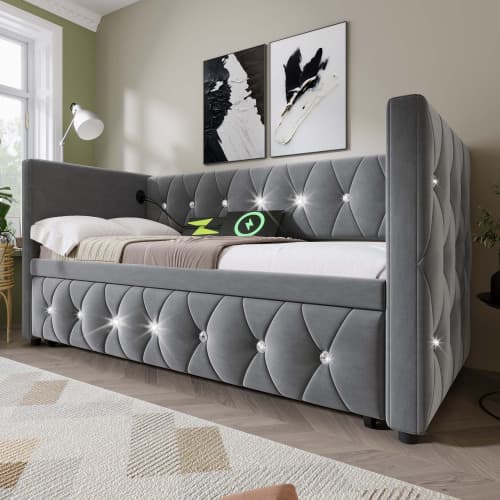 Upholstered Single Day Bed with Pull-Out Trundle and USB Charging - image 16