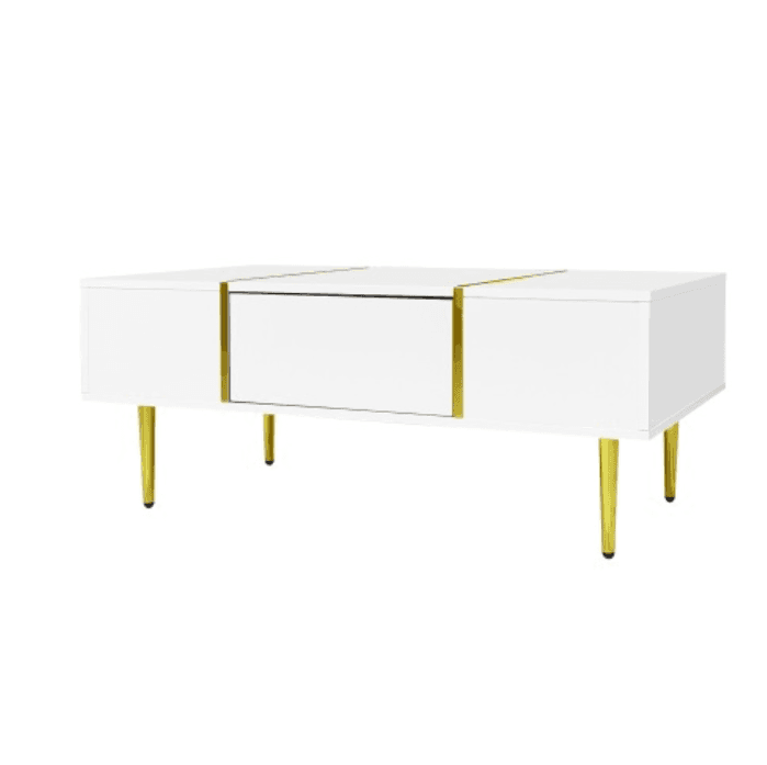 Modern High Gloss White Coffee Table with Gold Accents - White
