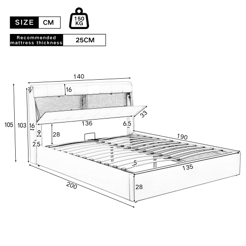 Upholstered Ottoman Bed with Hydraulic Storage & Headboard Compartment (4ft6 Double) - image 13