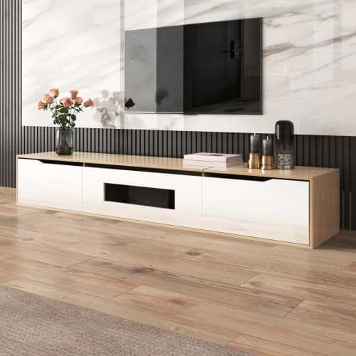 Modern TV Stand with LED Lighting, 180cm, High Gloss White & Wood Effect - image 7