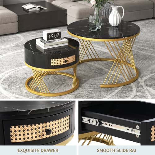 Set of 2 Round Nesting Coffee Tables with Gold Legs & Storage - image 22